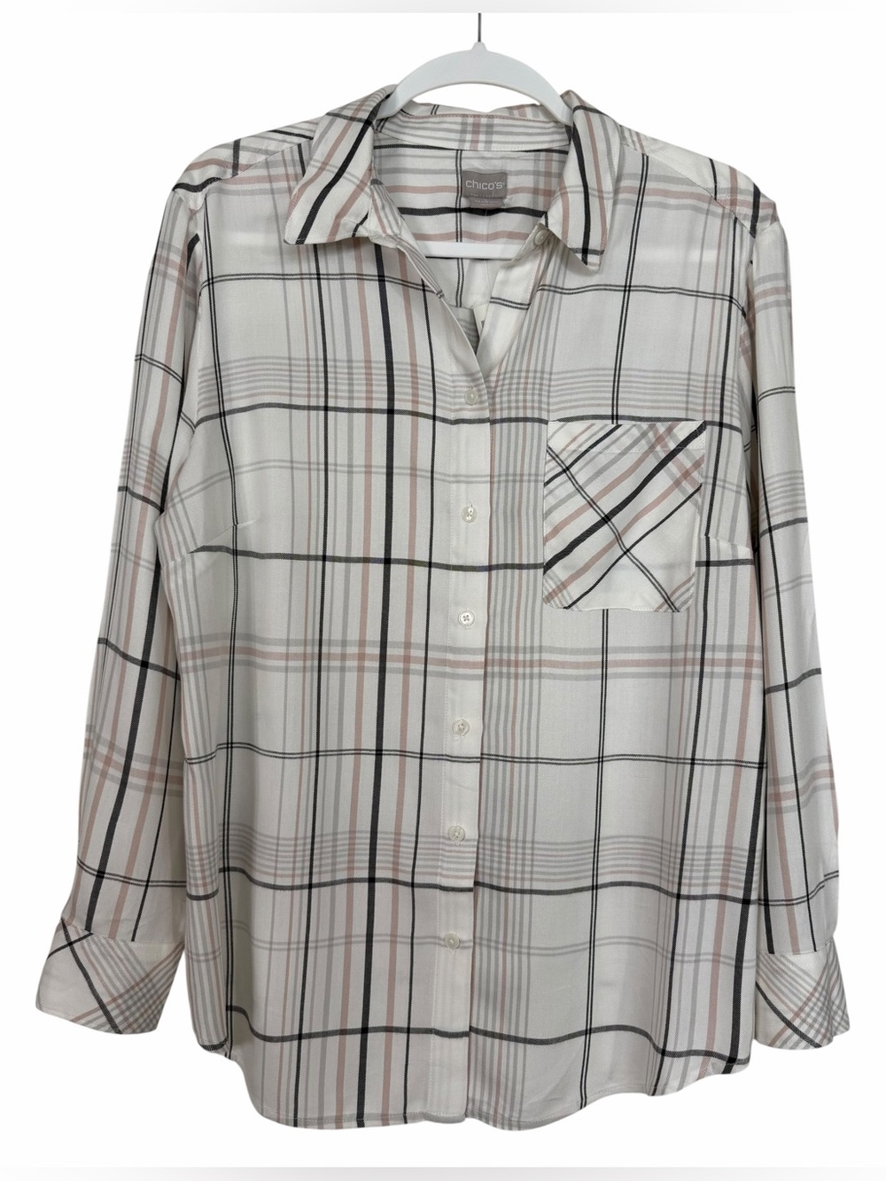 NWT Chico’s Long Sleeve Woven Button Up Top Soft Shirt Easy Plaid Neutral Sz 2